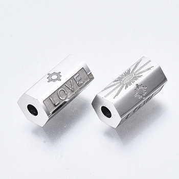 304 Stainless Steel Beads, Hexagonal Prism with Word Love, Stainless Steel Color, 11.5x6.5x6mm, Hole: 2mm