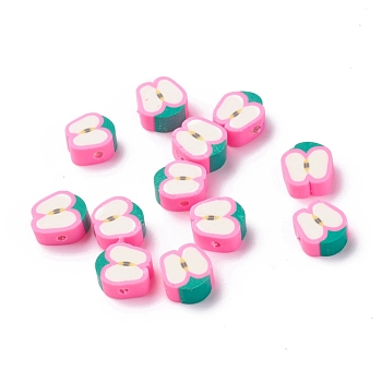Handmade Polymer Clay Beads, Apple Slice, Hot Pink, 9.5~11x9~10x4.5~4.7mm, Hole: 1.6mm