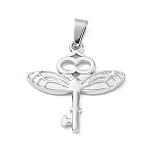 304 Stainless Steel Pendants, with 201 Stainless Steel Snap on Bails, Dragonfly Key Charms, Stainless Steel Color, 28.5x27.5x2mm, Hole: 7.5x3.5mm(SA-CBA34D4-13P)