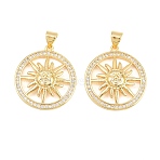 Brass Micro Pave Clear Cubic Zirconia Pendants, Cadmium Free & Lead Free, Rack Plating, Long-Lasting Plated, Sun Charms, Real 18K Gold Plated, 25x22.5x4mm, Hole: 3x5mm(KK-D232-18G-01)