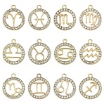 12Pcs 12 Styles Zinc Alloy Crystal Rhinestone Pendants, Flat Round, Constellation, Light Gold, Constellation, 21x18mm, 1pc/color(FIND-YW0010-43)