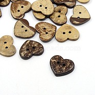 Coconut Buttons, 2-Hole, Heart, Coconut Brown, 17x20x4mm, Hole: 1.5mm(X-COCO-I002-059)