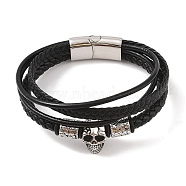 Braided Microfiber Leather Multi-strand Bracelets, Viking 304 Stainless Steel Skull Bracelets for Men, Antique Silver & Stainless Steel Color, 8-5/8x1-1/4 inch(22x3.3cm)(BJEW-B096-08C)