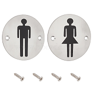 2 Sets 2 Style 201 Stainless Steel Toilet Signs, Gender Guide Symbol, Flat Round with Man/Women Pattern, Mixed Patterns, 75x1mm, Hole: 4.8mm, 1 set/style(DIY-UN0001-87)