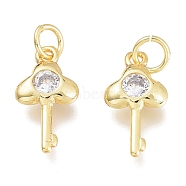 Brass Micro Pave Cubic Zirconia Charms, with Jump Ring, Keys, Golden, Clear, 12.5x6.5x2mm, Hole: 1.5mm, Jump rings: 3.5x0.8mm(KK-M206-27G-04)