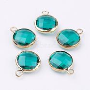 Golden Tone Brass Glass Flat Round Charms, Faceted, Dark Cyan, 14x10.5x5mm, Hole: 1.5mm(GLAA-M003-B-28G)