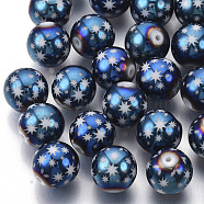 Christmas Electroplate Glass Beads, Round with Star Pattern, Blue Plated, 10mm, Hole: 1.2mm(X-EGLA-R113-07F)