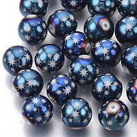 Perles de verre galvanoplastie de Noël, ronde avec motif en étoile, bleu plaqué, 10mm, Trou: 1.2mm