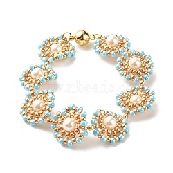 Shell Pearl Flower Link Bracelet, Glass Seed Braided Bracelet with Brass Magnetic Clasp for Women, Golden, Light Cyan, 7-1/2 inch(19cm)(BJEW-JB08084-02)