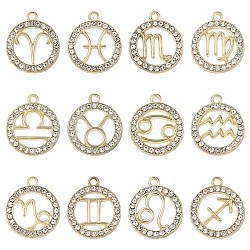 12Pcs 12 Styles Zinc Alloy Crystal Rhinestone Pendants, Flat Round, Constellation, Light Gold, Constellation, 21x18mm, 1pc/color(FIND-YW0010-43)
