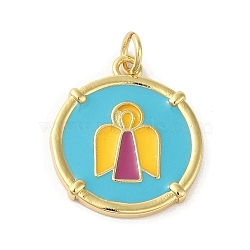 Rack Plating Brass Enamel Pendants, with Jump Ring, Long-Lasting Plated, Cadmium Free & Lead Free, Real 18K Gold Plated, Flat Round with Angel Charm, Medium Turquoise, 20.5x17.5x1.5mm, Hole: 3mm(KK-C052-35G-02)