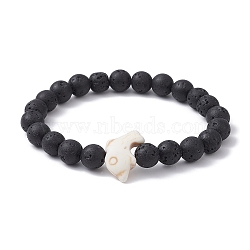 Synthetic Turquoise Dolphin & Lava Rock Beaded Stretch Bracelet, White, Inner Diameter: 2-5/8 inch(6.7cm)(BJEW-JB09838-01)