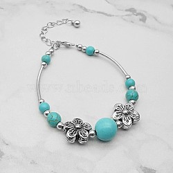 Synthetic Turquoise Bead Braceles, with Stainless Steel Beads, Flower, No Size(PJ9354-2)