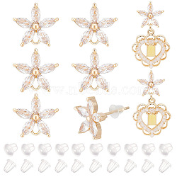 8Pcs Brass Pave Clear Cubic Zirconia Stud Earrings Finding, with 925 Silver Pin and Horizontal Loop, Flower, with 20Pcs Plastic Ear Nuts, Real 18K Gold Plated, 11x11.5mm, Hole: 1.4mm, Pin: 0.7mm(KK-BC0011-11)