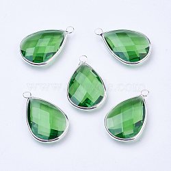 Silver Color Plated Brass Glass Teardrop Pendants, Faceted, Lime, 18x10x5mm, Hole: 2mm(X-GLAA-M006-A-10S)