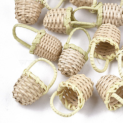 Handmade Reed Cane/Rattan Woven Pendants, For Making Straw Earrings and Necklaces, Basket, Lemon Chiffon, 35~40x18~23mm(WOVE-T006-092A)