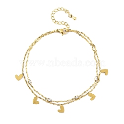 Ion Plating(IP) 304 Stainless Steel Chains Anklet, with Cubic Zirconia Charms Anklet, Golden, Heart, 10-3/8 inch(26.5cm).(AJEW-H148-13G-G)