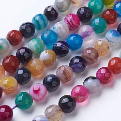 Natural Striped Agate/Banded Agate Beads Strands, Dyed & Heated, Faceted, Grade A, Round, Mixed Color, 8mm, Hole: 1.2mm, about 47pcs/strand, 14.9 inch(38cm)(G-G753-09-8mm)