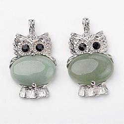 Natural Green Aventurine Pendants, Owl, with Brass Findings, Platinum, Lead Free & Nickel Free, 45x25x8mm, Hole: 4x6mm(G-G884-B08-FF)