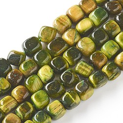 Natural Tiger Eye Beads Strands, Dyed, Cube, Olive, 7~8x7~8x7~8mm, Hole: 0.8mm, about 52pcs/strand, 15.16 inch(38.5cm)(G-G810-06)