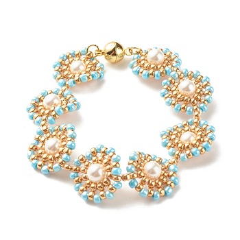 Shell Pearl Flower Link Bracelet, Glass Seed Braided Bracelet with Brass Magnetic Clasp for Women, Golden, Light Cyan, 7-1/2 inch(19cm)