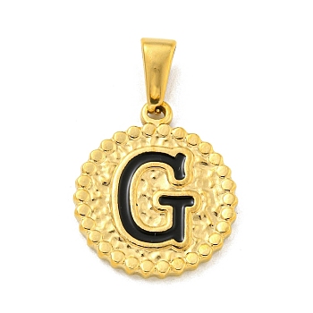 Ion Plating(IP) 304 Stainless Steel Enamel Pendants, Golden, Flat Round with Letter Charm, Letter G, 21x18x2mm, Hole: 8x3.5mm