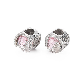 Rack Plating Alloy European Beads, with Resin, Large Hole Beads, Cadmium Free & Nickel Free & Lead Free, Flat Round, Platinum, Pink, 11x13.5mm, Hole: 5.5mm