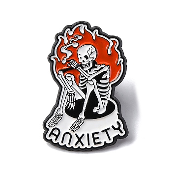 The Anxiety Skeleton with Fire Enamel Pins, Alloy Brooches for Backpack Clothes, White, 30.5x20.5mm