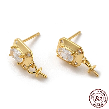 925 Sterling Silver Micro Pave Cubic Zirconia Stud Earring Findings, for Half Drilled Beads, Square, with S925 Stamp, Real 18K Gold Plated, 14x6mm, Pin: 0.9mm and 10.5x0.9mm