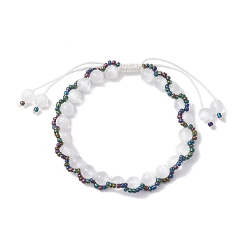 Round Natural Selenite Braided Beaded Bracelets, Glass Seed Beads Adjustable Bracelets for Women Men, Inner Diameter: 2-5/8~3-3/4 inch(6.7~9.5cm)