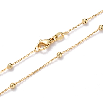 Brass Cable Chain Necklaces, with Round Beads and Lobster Claw Clasps, Long-Lasting Plated, Real 18K Gold Plated, 18.1~18.50 inch(46~47cm), 1mm