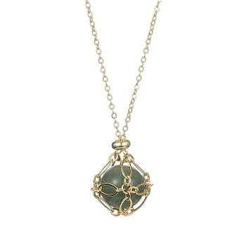 Natural Green Aventurine Round Pendant Necklaces, with Real 18K Gold Plated Brass Macrame Pouch Chains, 17.72 inch(45cm)