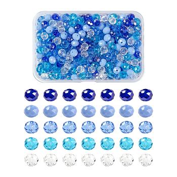 500Pcs 5Colors Electroplate Glass Beads, AB Color Plated, Faceted Rondelle, Clear & Light Steel Blue & Blue & Light Sky Blue & Cyan, 6x4mm, Hole: 1mm, 100pcs/Color