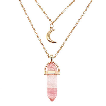 Synthetic Watermelon Stone Glass Cone Pendant Double Layer Necklace, with Moon Charms, 19.69 inch(50cm)