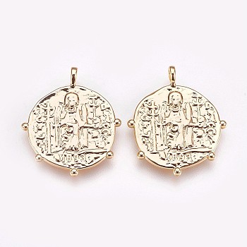Brass Pendants, Nickel Free, Flat Round, Real 18K Gold Plated, 21.5~22x18~19x1.5mm, Hole: 1.2x1.5mm
