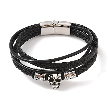 Braided Microfiber Leather Multi-strand Bracelets, Viking 304 Stainless Steel Skull Bracelets for Men, Antique Silver & Stainless Steel Color, 8-5/8x1-1/4 inch(22x3.3cm)