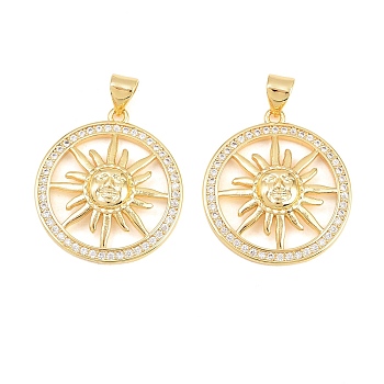 Brass Micro Pave Clear Cubic Zirconia Pendants, Cadmium Free & Lead Free, Rack Plating, Long-Lasting Plated, Sun Charms, Real 18K Gold Plated, 25x22.5x4mm, Hole: 3x5mm