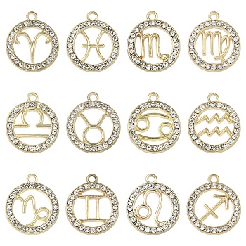 12Pcs 12 Styles Zinc Alloy Crystal Rhinestone Pendants, Flat Round, Constellation, Light Gold, Constellation, 21x18mm, 1pc/color