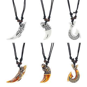 6Pcs 6 Style Resin Pendant Necklaces Set, Horn with Shark Shape & Fishhooks & Tortoise, Mixed Color, 17.32~34.65 inch(44~88cm), 1Pc/style