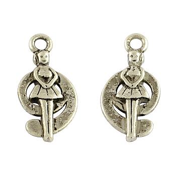 Tibetan Style Alloy Pendants, Number 9 with Girl, Cadmium Free & Nickel Free & Lead Free, Antique Silver, 19x9x3mm, Hole: 1.5mm