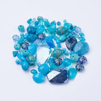 Acrylic Beads, Mixed Shapes, Teal, 5.5~28x6~20x3~11mm, Hole: 1~5mm