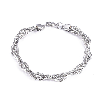 304 Stainless Steel Rope Chain Bracelets, with Lobster Claw Clasps, Stainless Steel Color, 8-5/8 inch(22cm), 7mm