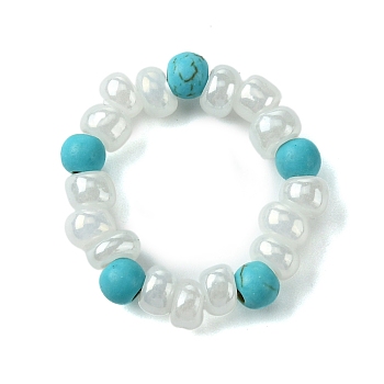 Round Synthetic Turquoise with Glass Seeded Beaded Stretch Rings for Women, Dark Turquoise, 4~5mm, Inner Diameter: 16mm