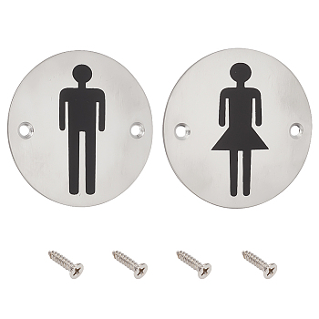 2 Sets 2 Style 201 Stainless Steel Toilet Signs, Gender Guide Symbol, Flat Round with Man/Women Pattern, Mixed Patterns, 75x1mm, Hole: 4.8mm, 1 set/style
