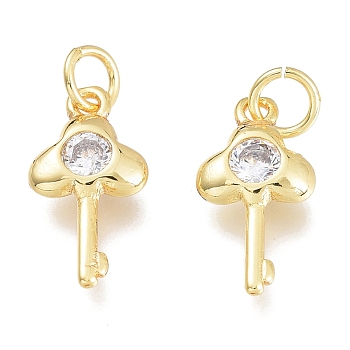 Brass Micro Pave Cubic Zirconia Charms, with Jump Ring, Keys, Golden, Clear, 12.5x6.5x2mm, Hole: 1.5mm, Jump rings: 3.5x0.8mm