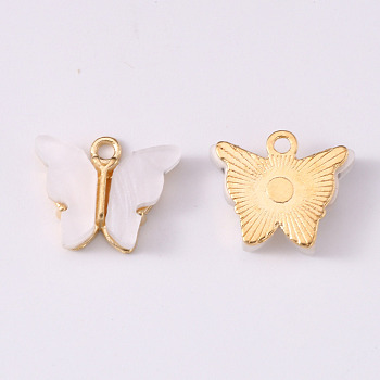 Alloy Acrylic Pendants, Butterfly, Light Gold, Floral White, 14x16.5x3mm, Hole: 1.6mm