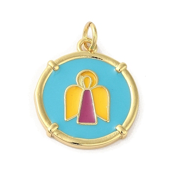 Rack Plating Brass Enamel Pendants, with Jump Ring, Long-Lasting Plated, Cadmium Free & Lead Free, Real 18K Gold Plated, Flat Round with Angel Charm, Medium Turquoise, 20.5x17.5x1.5mm, Hole: 3mm