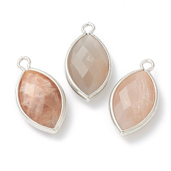 Natural Sunstone Pendants, with Platinum Brass Edge, Faceted, Horse Eye, 22x12x5.5mm, Hole: 1.8mm