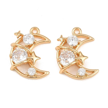 Brass Micro Pave Clear Cubic Zirconia Pendants, Moon with Star Charms, Real 18K Gold Plated, 17x13x5mm, Hole: 1.4mm