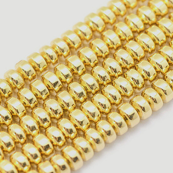 Electroplate Non-magnetic Synthetic Hematite Beads Strands, Grade AA, Long-Lasting Plated, Rondelle, Golden Plated, 3x2mm, Hole: 0.8mm, about 223pcs/strand, 15.7 inch(40cm)